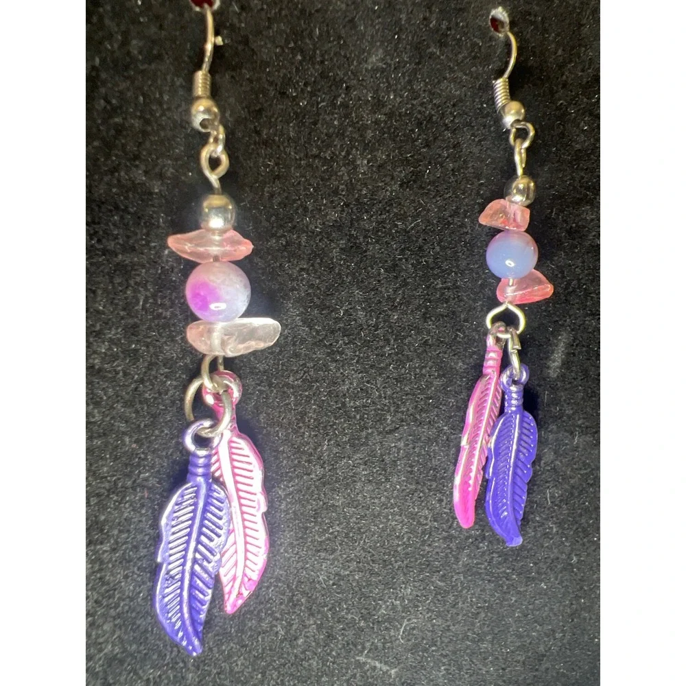 Boho Feather Earrings Pink Purple Beaded Dangle Drop Tribal‎ Festival